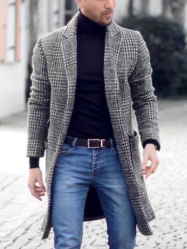 Men Trench Coat British Business Jacket Mid Long Plaid Overcoat Casual Wool Trench Jacket Outwear